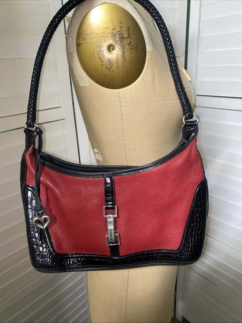 Brighton Red Black Shoulder Bag Purse Heart Charm Pebbled Leather Braided Handle